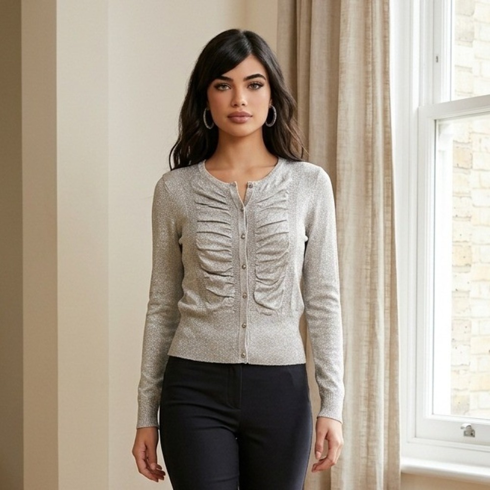 Cache Size S Gathered Front Cardigan Sweater Silver Gray Lightweight Fitted Prep